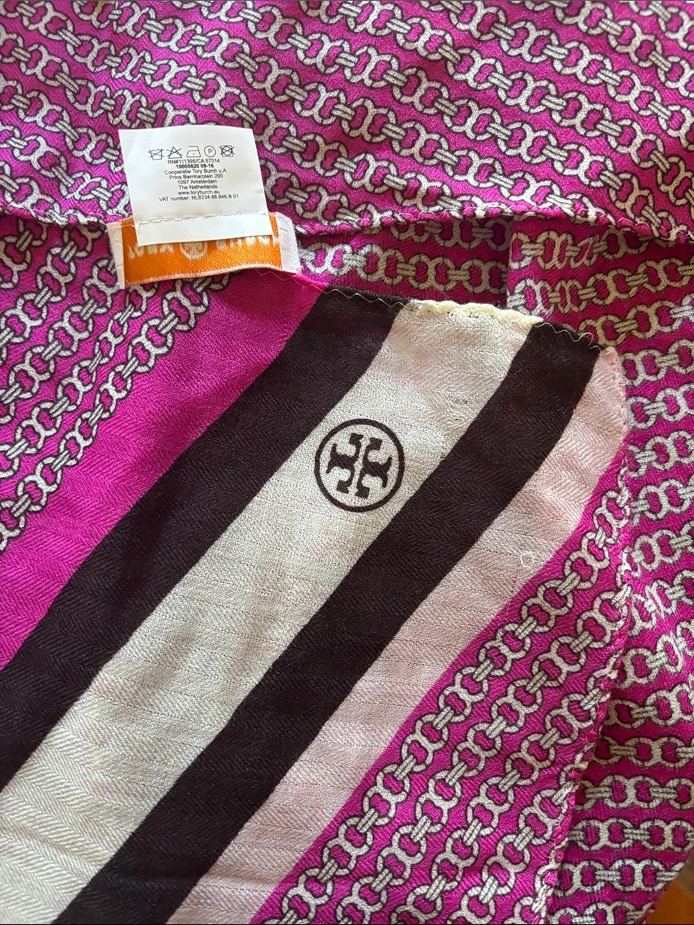Tory Burch Fuchsia Logo Chain Stripe Scarf